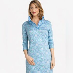 Gretchen Scott XS Aqua Blue Geometric Print Tunic Dress Ruffle Neck Collar